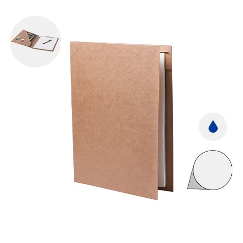 Cartella in cartone ricciclato porta documenti con blocco appunti e penna a sfera in refill blu 23×32cm