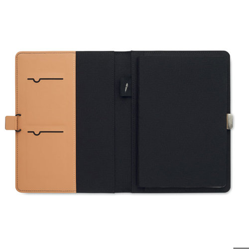 Cartella portadocumenti in RPET con block notes in formato A5 e fogli a righe e tasche porta oggetti