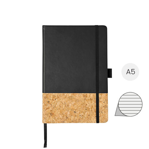Block notes formato A5 in TPU e sughero con 80 fogli a righe color crema tasca sul retro fornito in scatola nera