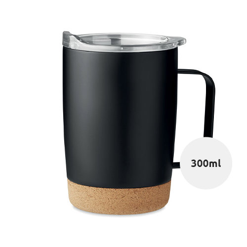 Tazza in acciaio inox a doppio strato con base in sughero e coperchio con foro scorrevole 300ml