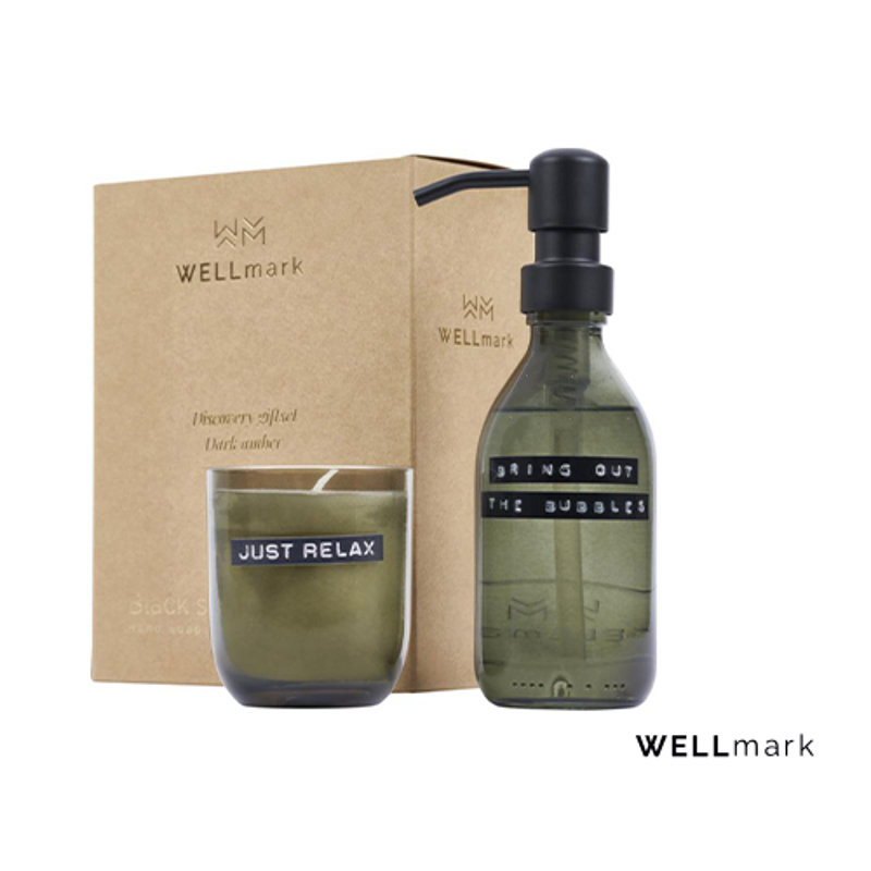 Set a marchio Wellmark di dispenser di sapone per le mani da 200ml e candela profumata da 150gr