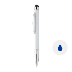 Penna a sfera in allumino con fusto colorato e punta touch con meccanismo a rotazione e refill blu
