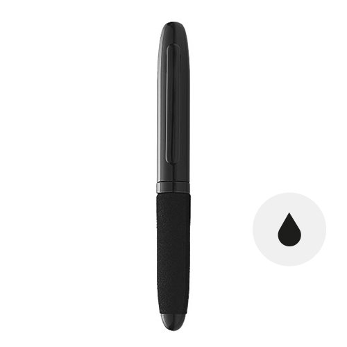 Penna roller in metallo con impugnatura gommata e cappuccio removibile con refill nero