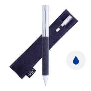 Penna a sfera in metallo con meccanismo a rotazione e fusto rivestito in poliestere RPET  con astuccio coordinato in RPET refill blu