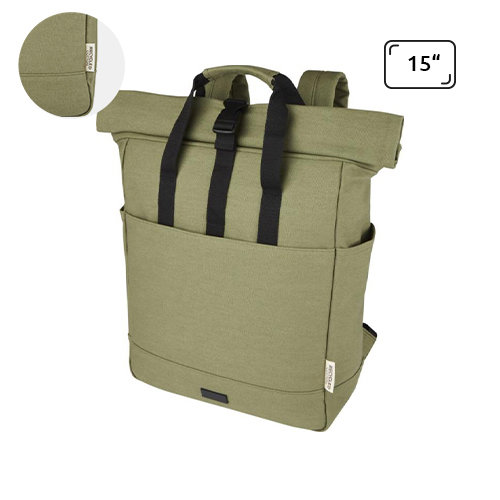 Zaino porta pc multitasca roll-top da 15" in cotone riciclato certificato con manici in tessuto rinforzato