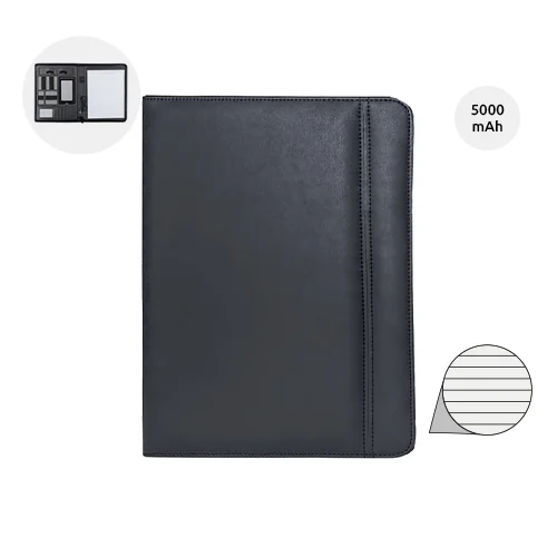 Cartella in pelle PU con blocco appunti a righe e power bank integrato da 5000 Mah