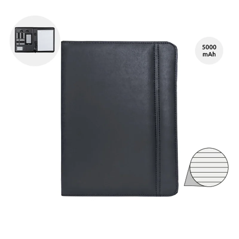 Cartella in pelle PU con blocco appunti a righe e power bank integrato da 5000 Mah