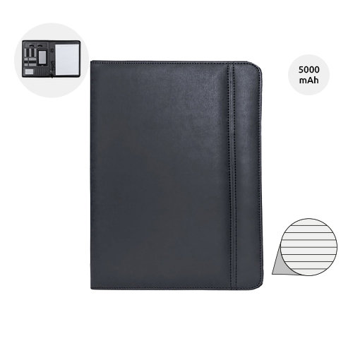 Cartella in pelle PU con blocco appunti a righe e power bank integrato da 5000 Mah