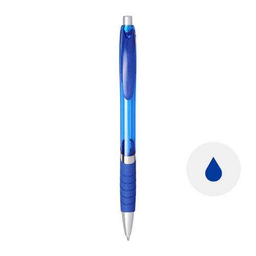 Penna a sfera in plastica semitrasparente disponibile in vari colori con impugnatura in gomma e con meccanismo a scatto e refill blu