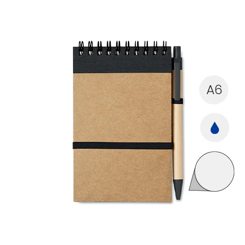 Block notes A6 in carta riciclata con penna a sfera in refill blu