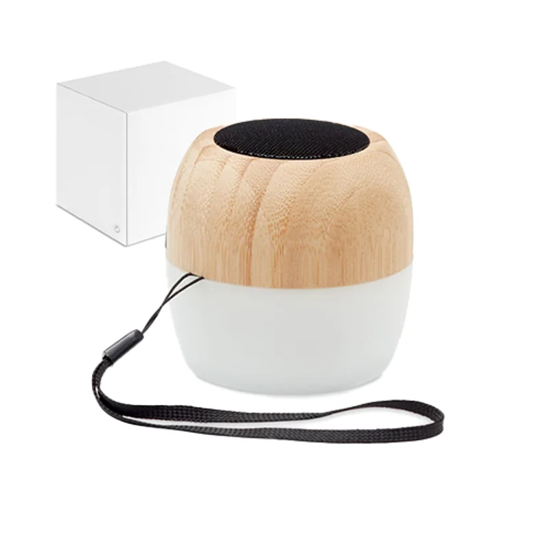 Cassa Wireless 5.0 in bambù e plastica con luce d'atmosfera e tracolla