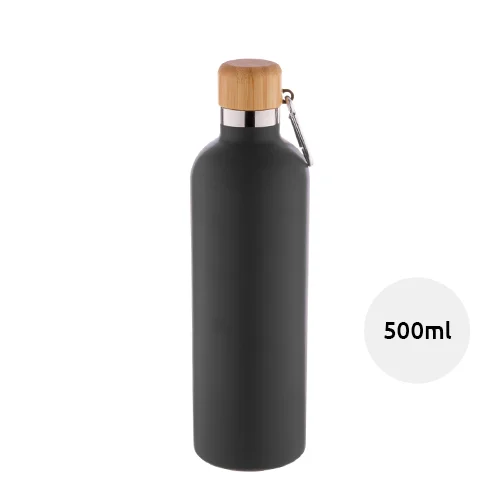 Borraccia in acciaio inox a doppia parete con tappo in bambù e moschettone da 500ml