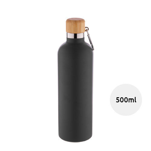 Borraccia in acciaio inox a doppia parete con tappo in bambù e moschettone da 500ml