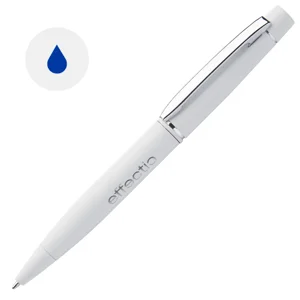 Penna a sfera in metallo e finitura gommata colorata con meccanismo a rotazione e refill blu