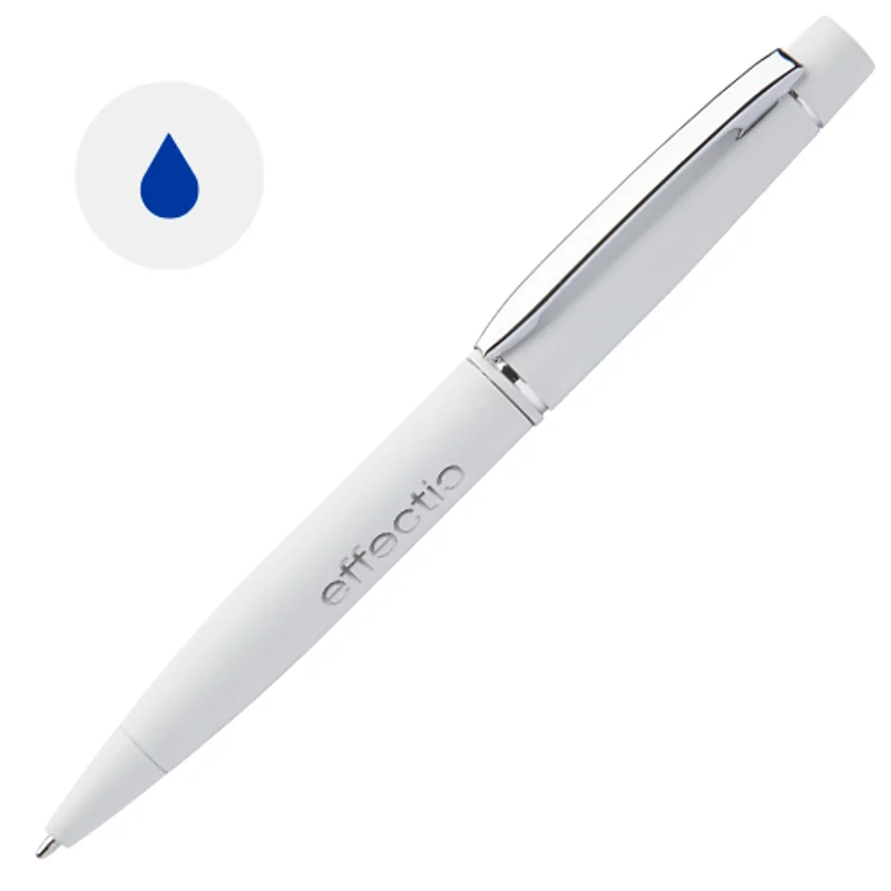 Penna a sfera in metallo e finitura gommata colorata con meccanismo a rotazione e refill blu