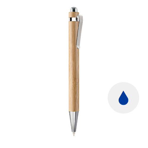 Penna a sfera in bambù e finiture cromate con meccanismo a scatto e refill blu