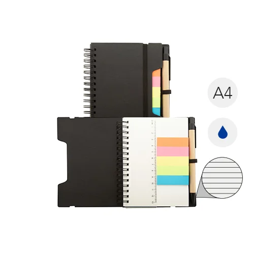 Block note a spirale formato A6 in carta riciclata con 70 fogli a righe segnapagina elastico e penna a sfera in carta riciclata con refill blu