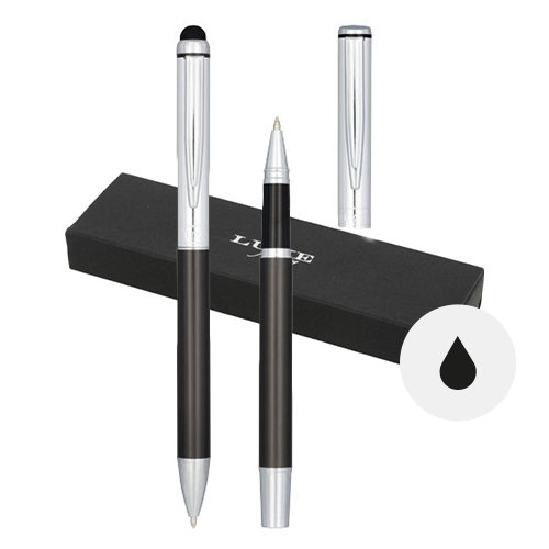 Set di penne sfera e roller in alluminio con fusto di color nero in confezione reagalo e refill nero