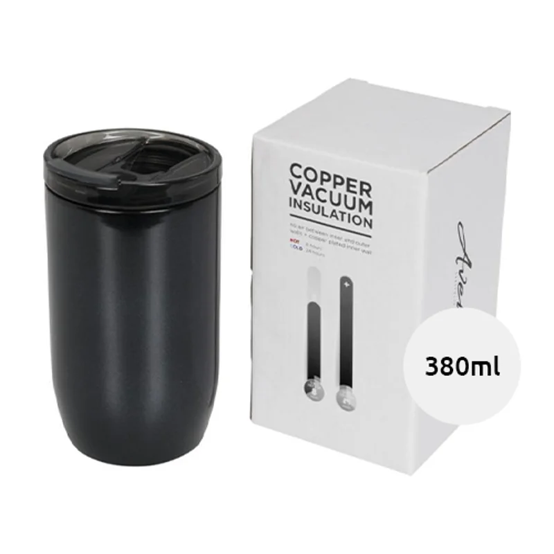Bicchiere termico in acciaio inox con coperchio e isolamento sottovuoto in rame presentato in confezione regalo da 380ml