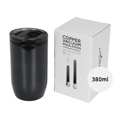 Bicchiere termico in acciaio inox con coperchio e isolamento sottovuoto in rame presentato in confezione regalo da 380ml