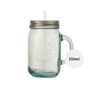 Bicchiere a forma di barattolo in vetro riciclato con cannuccia e coperchio in acciaio inox 550ml