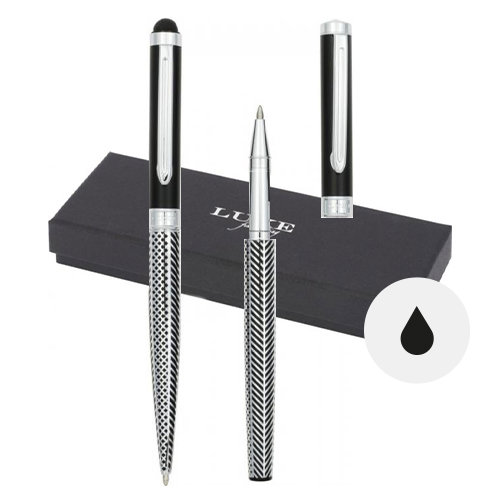 Set di penne roller in alluminio con fusto decorato e con cappuccio in confezione reagalo refill nero