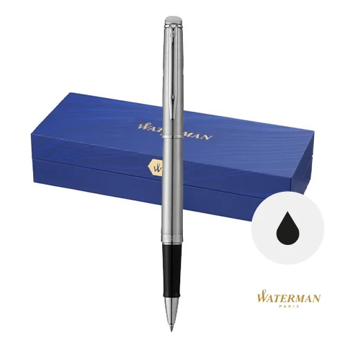 Penna roller a marchio Waterman in alluminio disponibil con due rifiniture oro e argento con cappuccio in confezione regalo e refill nero