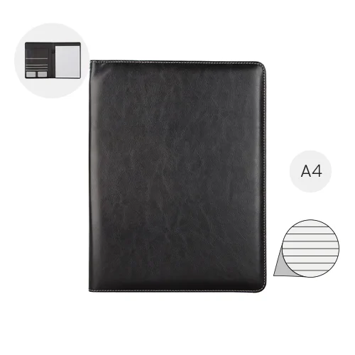 Cartella in similpelle con blocco appunti in formato A4 e vari scomparti interni