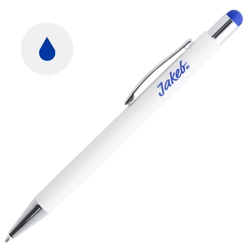 Penna a sfera in alluminio con rivestimento in gomma per incisione colorata in coordinato con la punta touch e refill blu