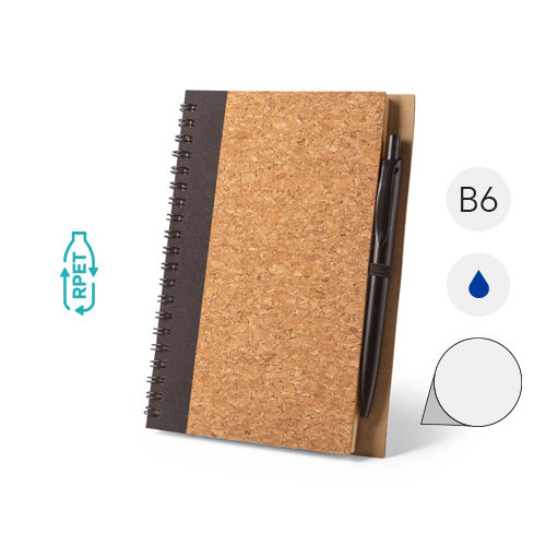Block notes B6 con copertina in sughero e RPET con pagine lisce e penna in fibra di grano refill blu