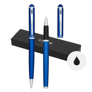 Set penne a sfera e roller in alluminio disponibili in color argento e blu con confezione regalo e refill nero