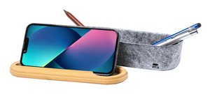 Astuccio in feltro RPET con coperchio in bambù completo di righello portacellulare ed elastico di chiusura