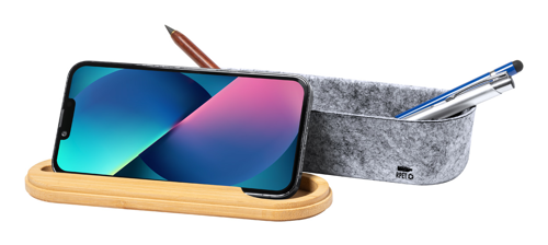 Astuccio in feltro RPET con coperchio in bambù completo di righello portacellulare ed elastico di chiusura