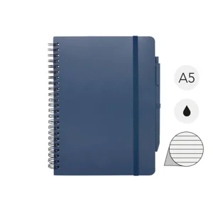 Blocco notes A5 con spirale e pagine a righe e copertina rigida in plastica riciclata e penna a sfera refill nero