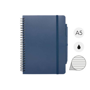 Blocco notes A5 con spirale e pagine a righe e copertina rigida in plastica riciclata e penna a sfera refill nero