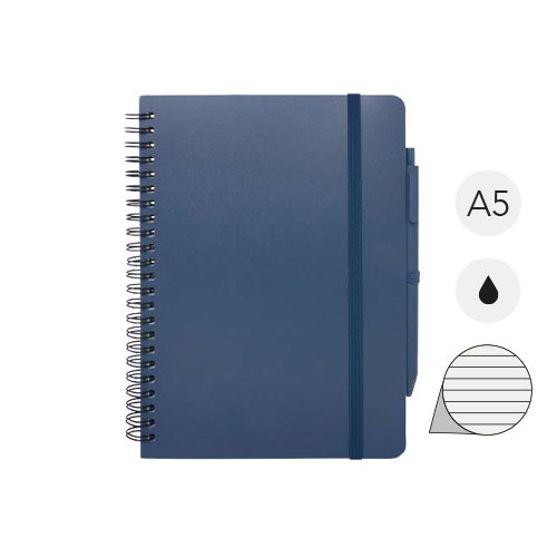 Blocco notes A5 con spirale e pagine a righe e copertina rigida in plastica riciclata e penna a sfera refill nero