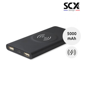 Powerbank in gomma con ricarica wireless a marchio SCX e personalizzazione luminosa da 5000 mAh fornito in scatola regalo