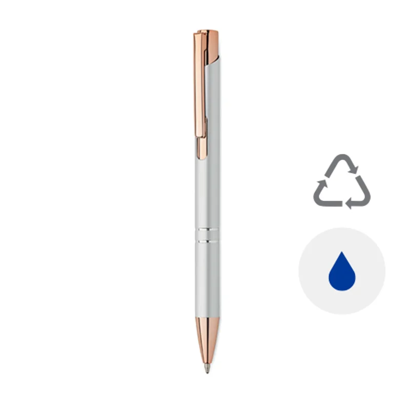 Penna a sfera in alluminio ririclato con dettagli color oro rosato refill blu