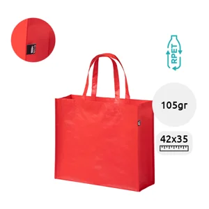 Shopper in RPET a soffietto con finitura laminata in diverse colorazioni con mainici lunghi da 105gr 42x35x15cm