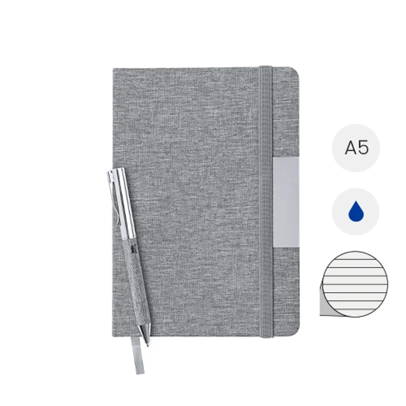 Set block note A5 in RPET fogli a righe elastico in gomma penna a sfera in metallo con rivestimento in poliestere RPET e refill blu in scatola regalo