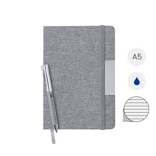 Set block note A5 in RPET fogli a righe elastico in gomma penna a sfera in metallo con rivestimento in poliestere RPET e refill blu in scatola regalo