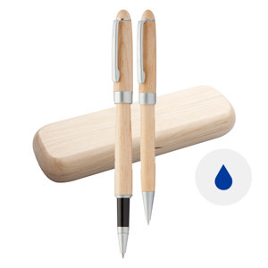 Set di penne a sfera con meccanismo a rotazione e roller in legno naturale con refill blu in confezione scatola di legno