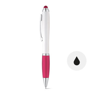 Penna a sfera in plastica con clip in metallo e impugnatura antiscivolo colorata in coordinato con punta touch e meccanismo a rotazione e refill nero