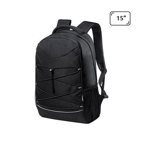 Zaino porta pc multitasca da 15" in RPET con cordini elastici sul davanti e spallacci imbottiti 