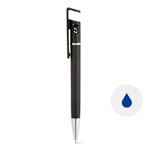 Penna a sfera in plastica con finitura metallizzata e punta touch e supporto per cellulare e refill blu