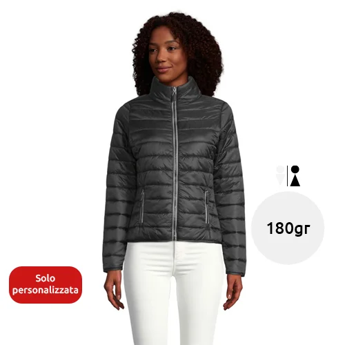 Piumino leggero da donna colori assortiti con fodera e zip a contrasto taglio aderente in nylon e poliestere 180gr