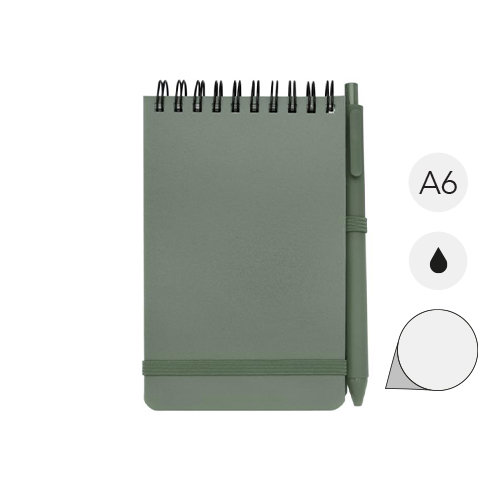 Blocco notes A6 con pagine bianche e copertina rigida in plastica riciclata e penna a sfera refill nero