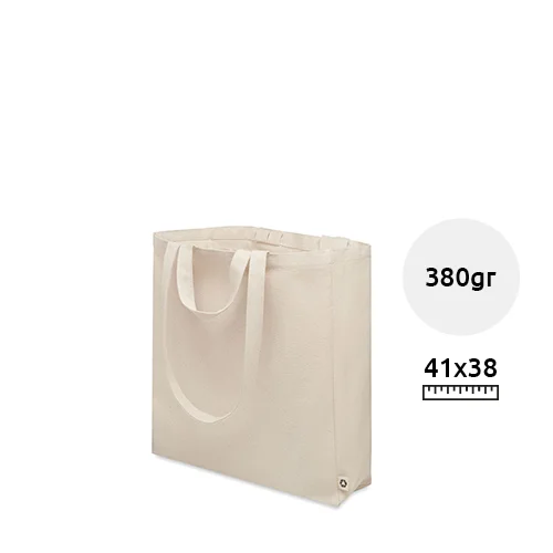 Shopper o borsa per spiaggia in cotone e poliestere riciclato con manici corti con tasca laterale 380gr 38X12X41CM