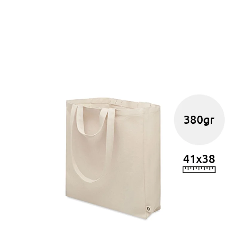 Shopper o borsa per spiaggia in cotone e poliestere riciclato con manici corti con tasca laterale 380gr 38X12X41CM