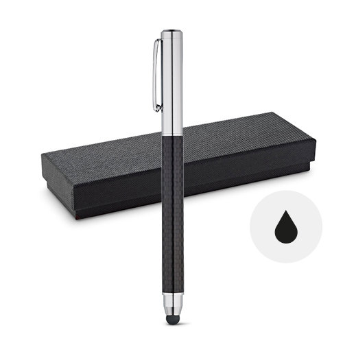 Penna roller in metallo e fibra di carbonio con punta touch e cappuccio in confezione regalo e refill nero